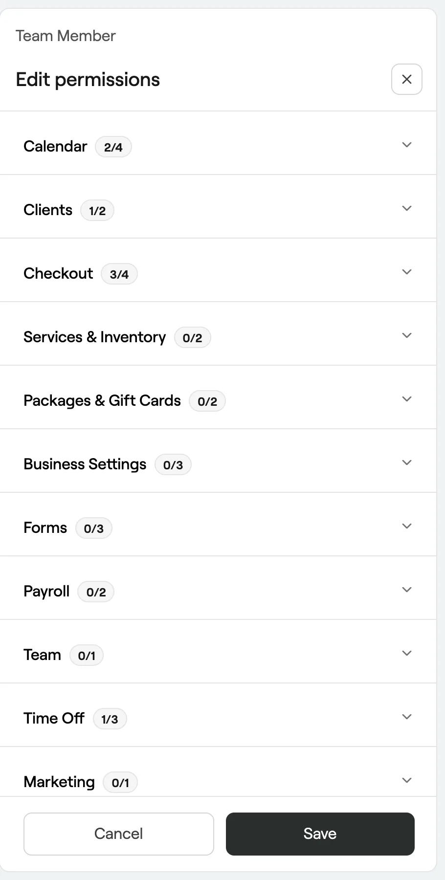 Edit permissions grouped by area