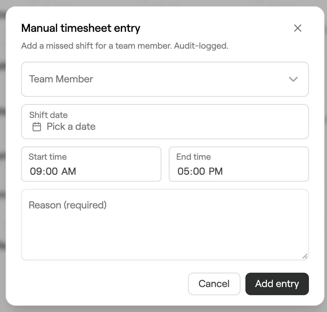 Manual timesheet entry dialog