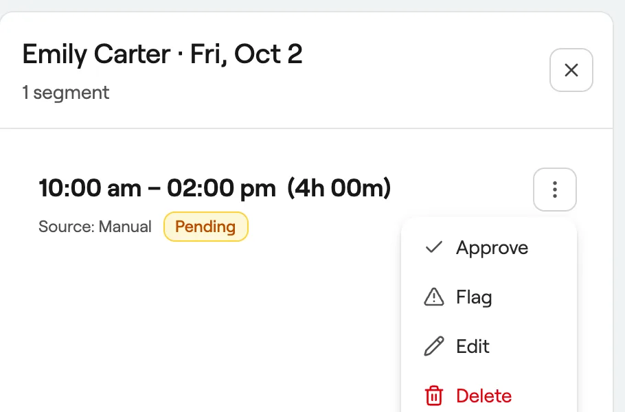 Pending shift with Approve, Flag, Edit and Delete