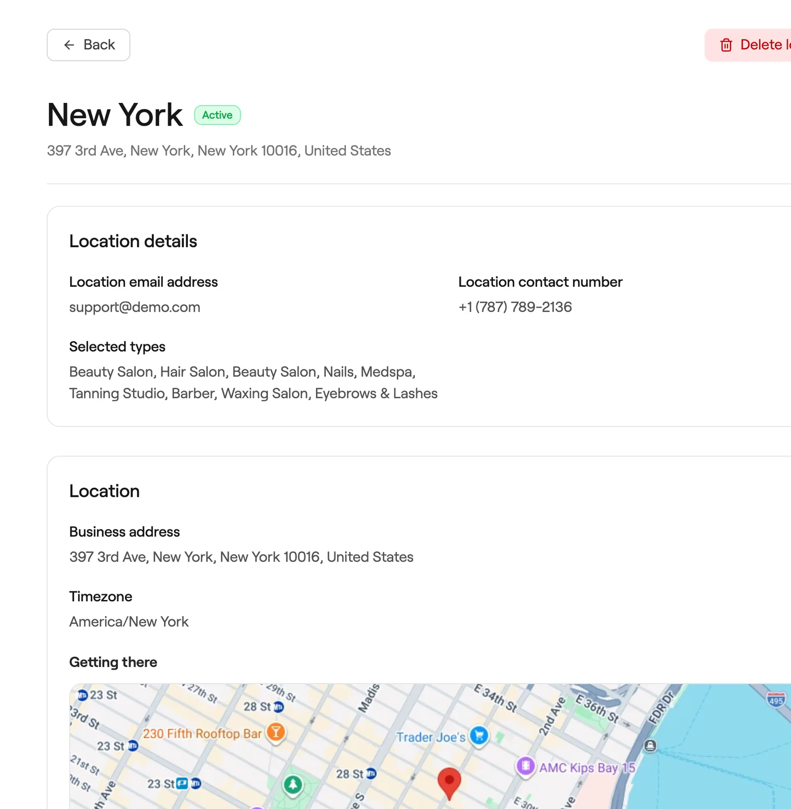 Location with details, address, map and opening hours